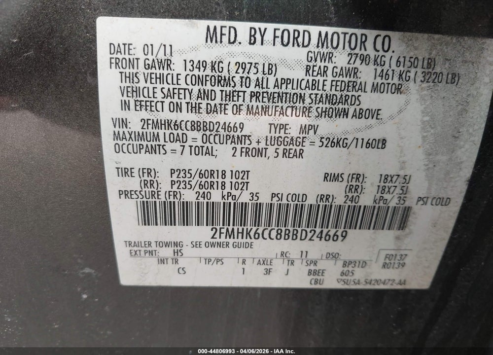 2011 FORD FLEX SEL VIN: 2FMHK6CC8BBD24669