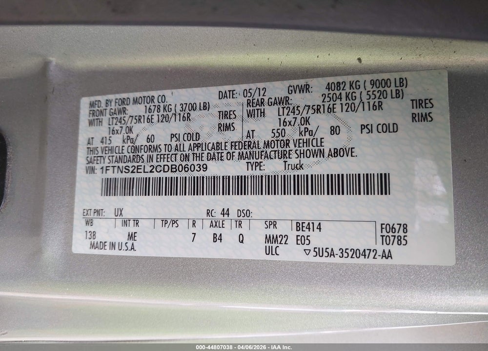 2012 FORD E-250 COMMERCIAL VIN: 1FTNS2EL2CDB06039