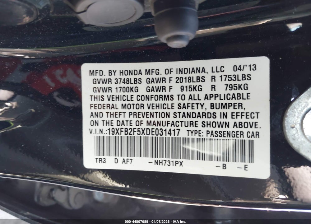 2013 HONDA CIVIC LX VIN: 19XFB2F5XDE031417