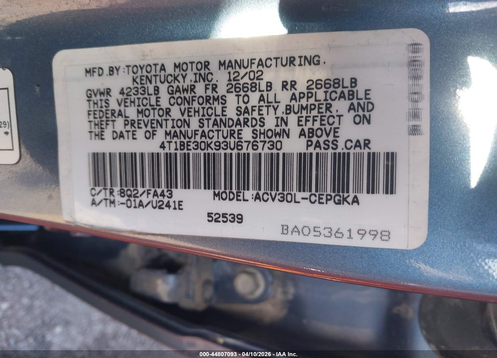 2003 TOYOTA CAMRY XLE VIN: 4T1BE30K93U676730