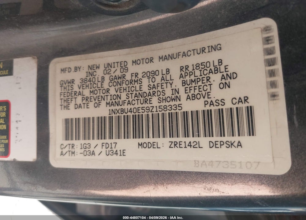 2009 TOYOTA COROLLA S VIN: 1NXBU40E59Z158335