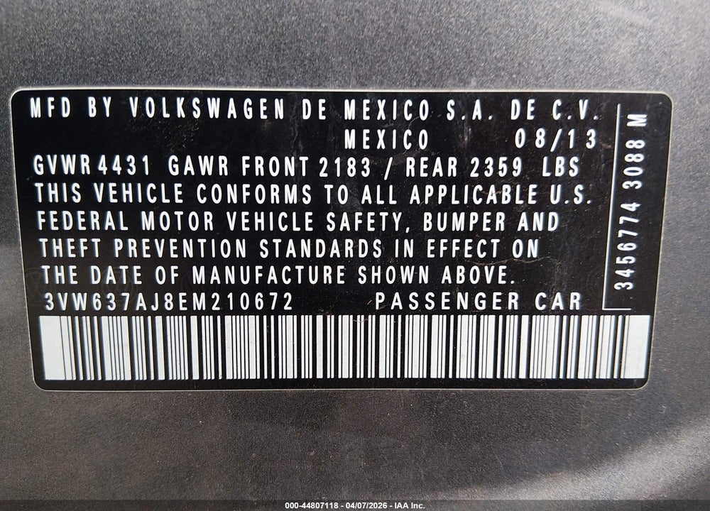 2014 VOLKSWAGEN JETTA HYBRID SEL VIN: 3VW637AJ8EM210672