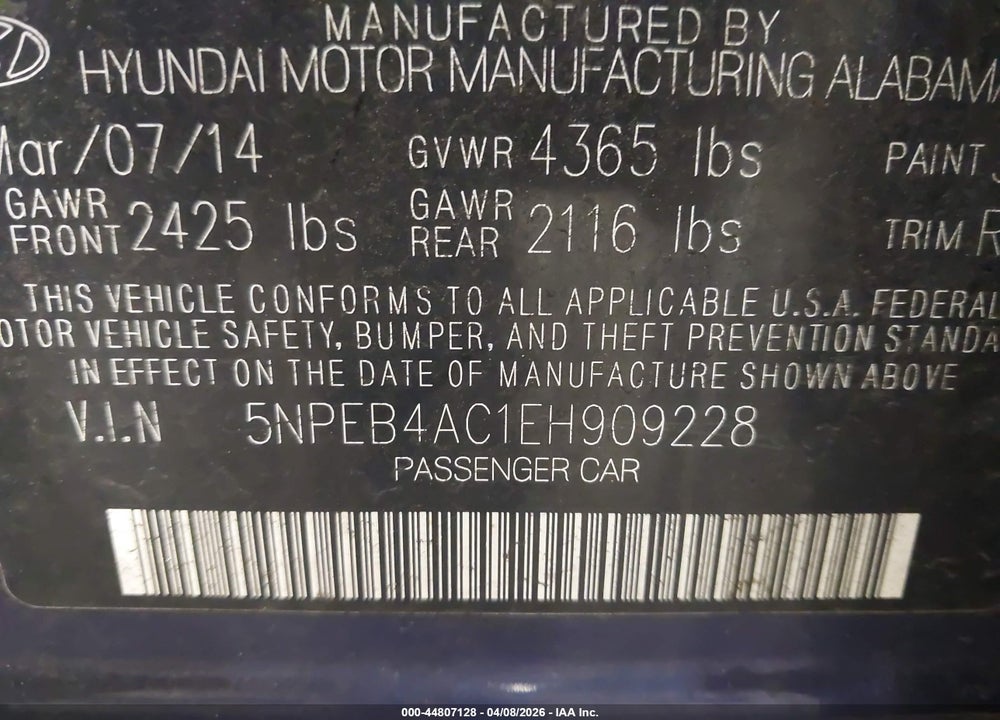2014 HYUNDAI SONATA GLS VIN: 5NPEB4AC1EH909228