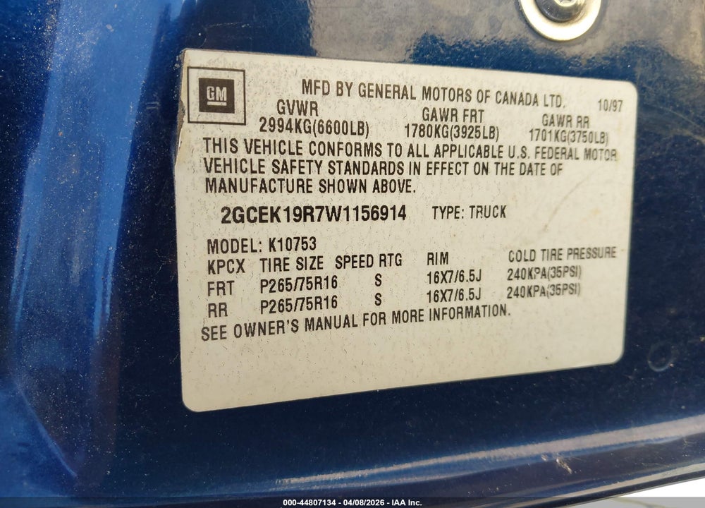 1998 CHEVROLET K1500 FLEETSIDE VIN: 2GCEK19R7W1156914