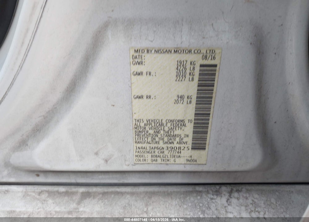 2016 NISSAN ALTIMA 2.5 S VIN: 1N4AL3AP6GN390825