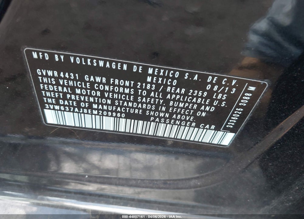 2014 VOLKSWAGEN JETTA HYBRID SE/SEL/SEL PREMIUM VIN: 3VW637AJ8EM209960
