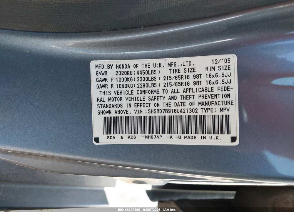 2006 HONDA CR-V SE VIN: SHSRD78916U421302