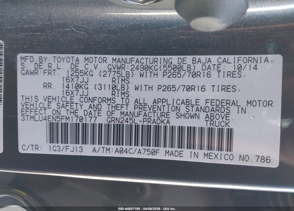 2015 TOYOTA TACOMA BASE V6 VIN: 3TMLU4EN5FM170177