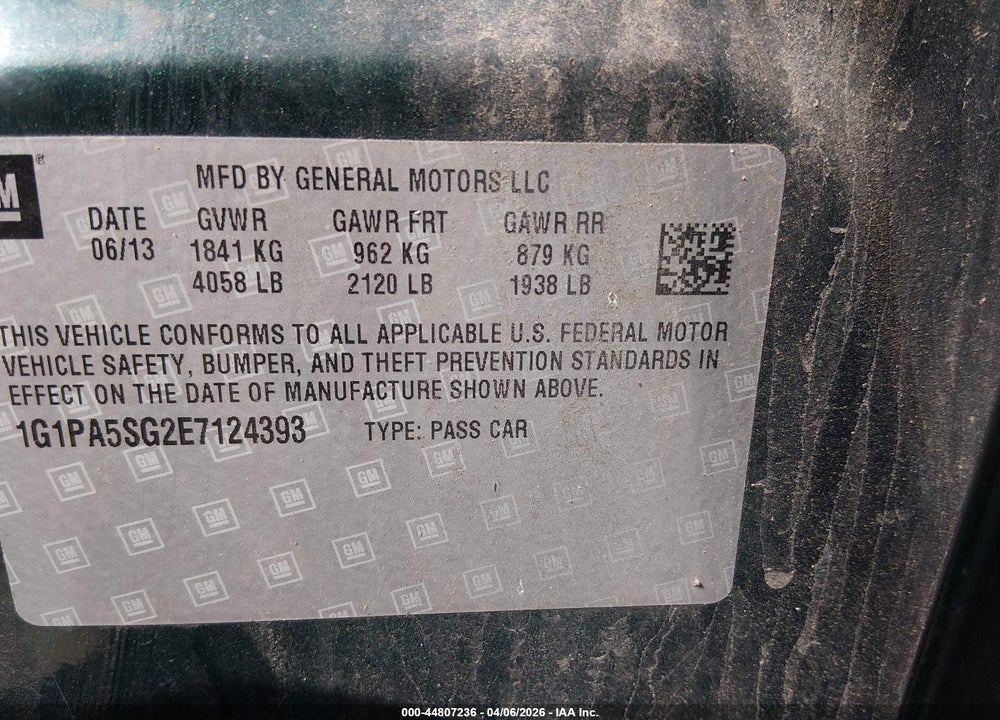 2014 CHEVROLET CRUZE LS AUTO VIN: 1G1PA5SG2E7124393