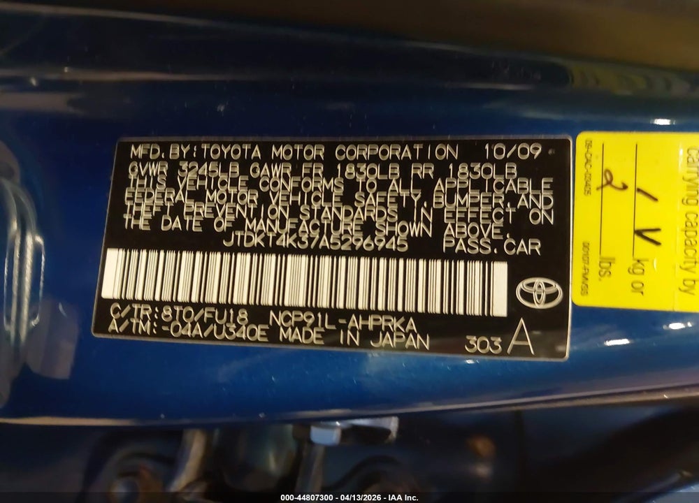 2010 TOYOTA YARIS VIN: JTDKT4K37A5296945