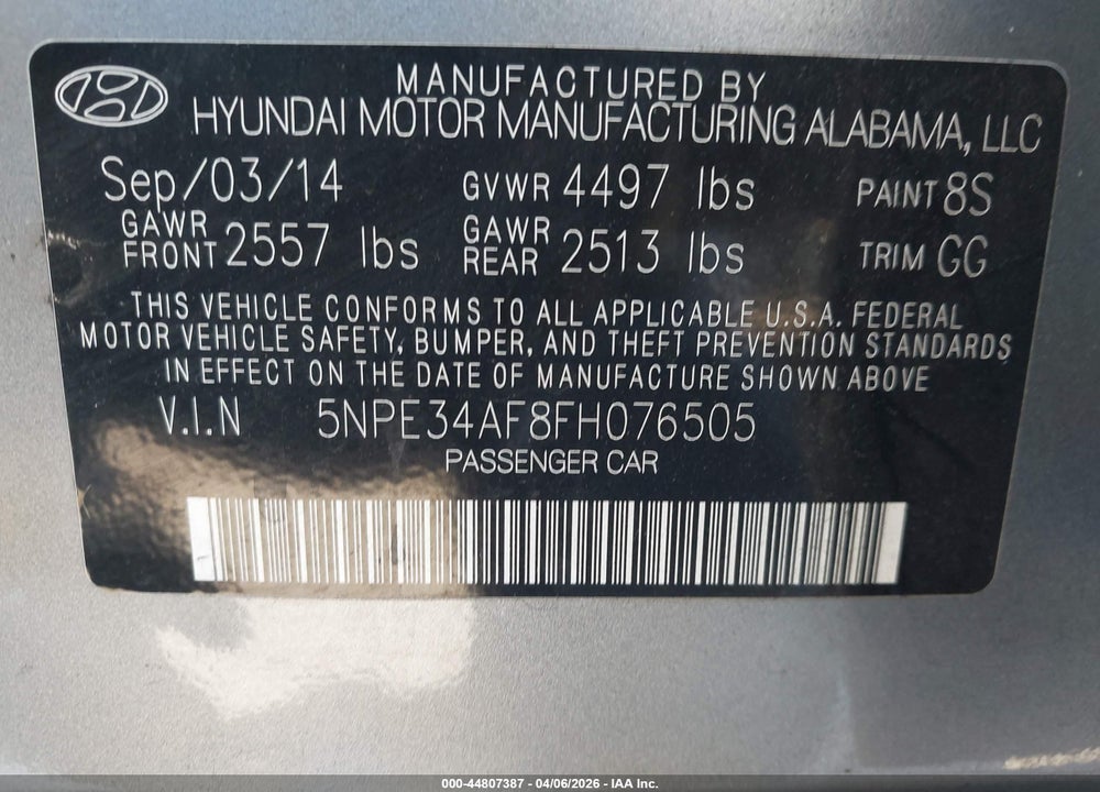 2015 HYUNDAI SONATA SPORT VIN: 5NPE34AF8FH076505