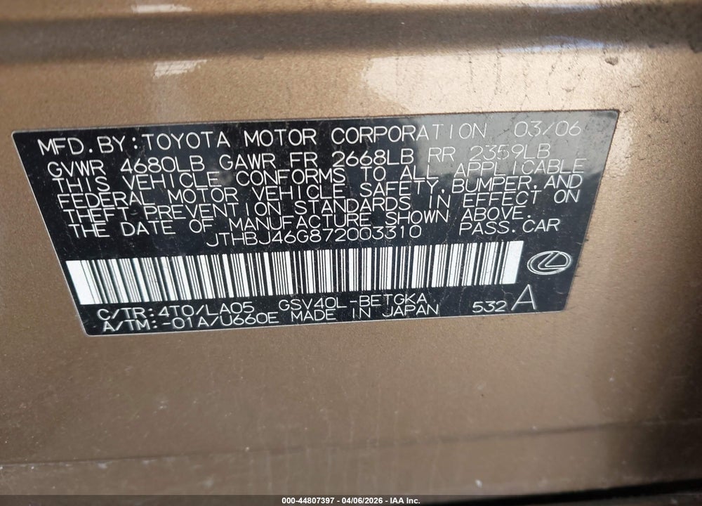 2007 LEXUS ES 350 VIN: JTHBJ46G872003310