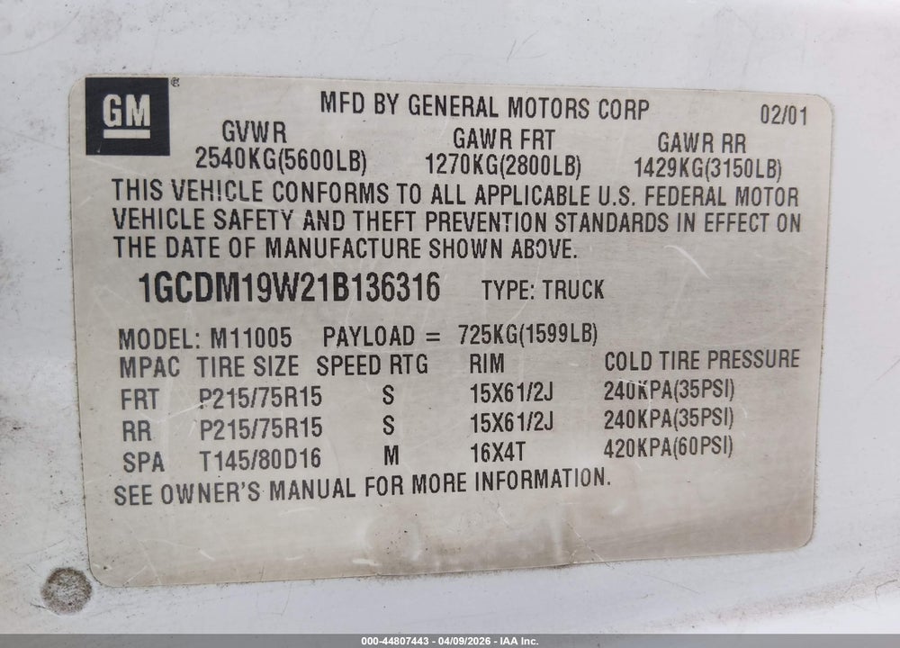 2001 CHEVROLET ASTRO VIN: 1GCDM19W21B136316