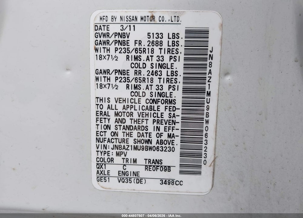 2011 NISSAN MURANO S VIN: JN8AZ1MU9BW063230