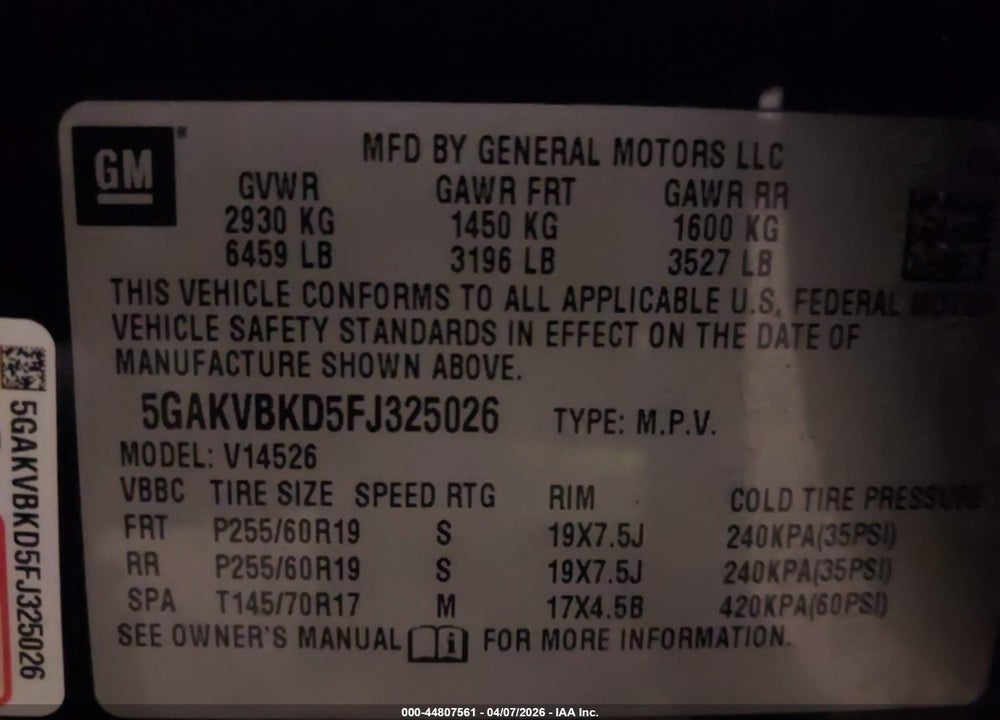 2015 BUICK ENCLAVE LEATHER VIN: 5GAKVBKD5FJ325026
