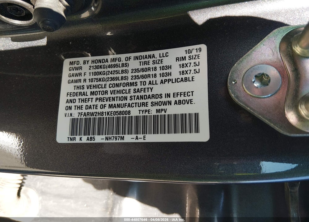 2019 HONDA CR-V EX-L VIN: 7FARW2H81KE058008