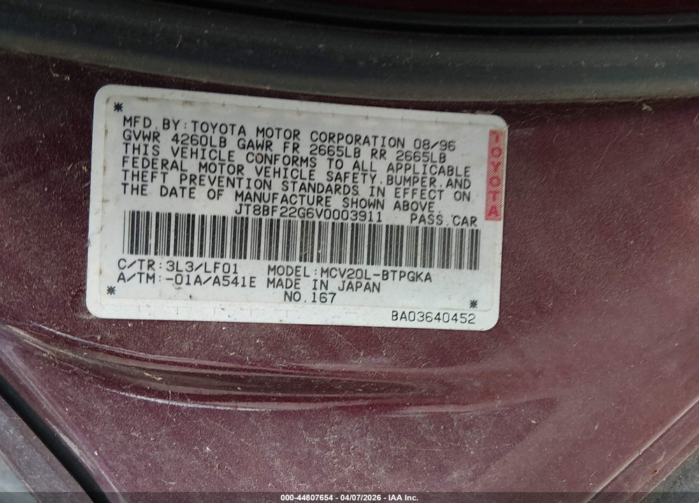 1997 LEXUS ES 300 VIN: JT8BF22G6V0003911