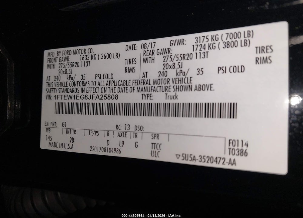 2018 FORD F-150 PLATINUM VIN: 1FTEW1EG8JFA25808