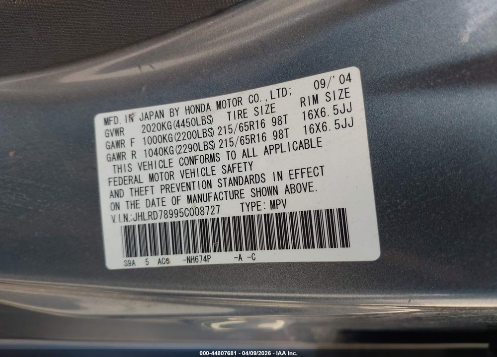 2005 HONDA CR-V SE VIN: JHLRD78995C008727