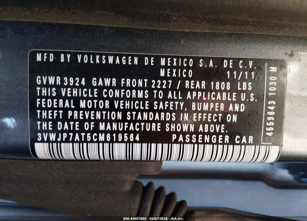 2012 VOLKSWAGEN BEETLE 2.5L VIN: 3VWJP7AT5CM619564