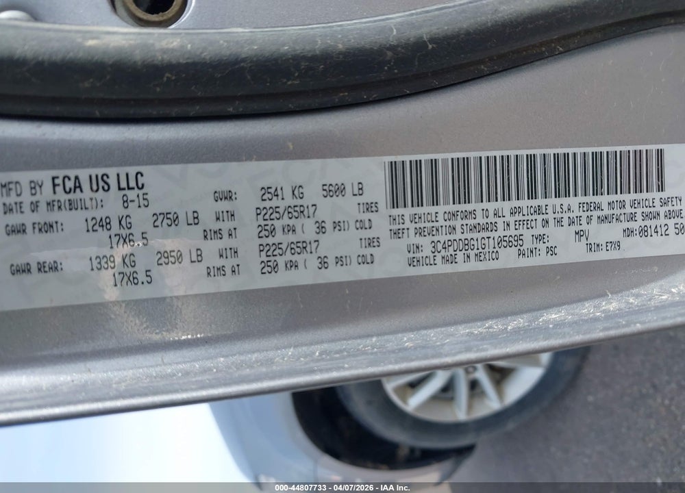 2016 DODGE JOURNEY SXT VIN: 3C4PDDBG1GT105695