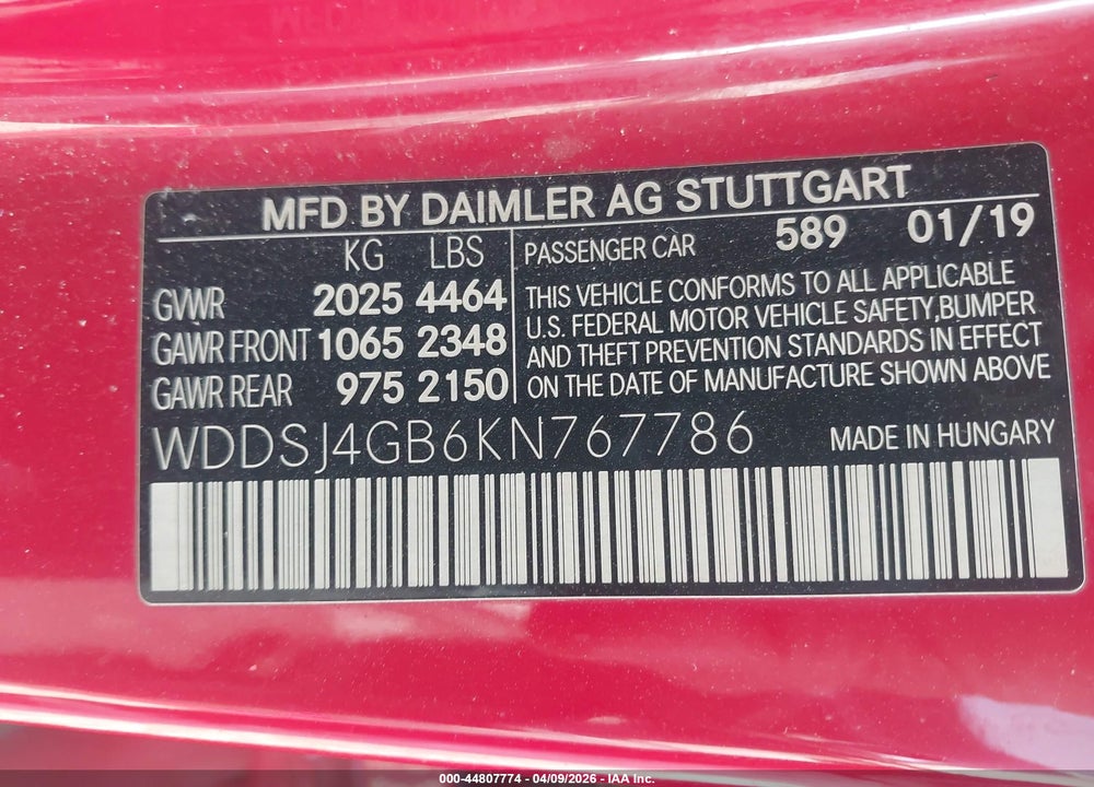 2019 MERCEDES-BENZ CLA 250 4MATIC VIN: WDDSJ4GB6KN767786