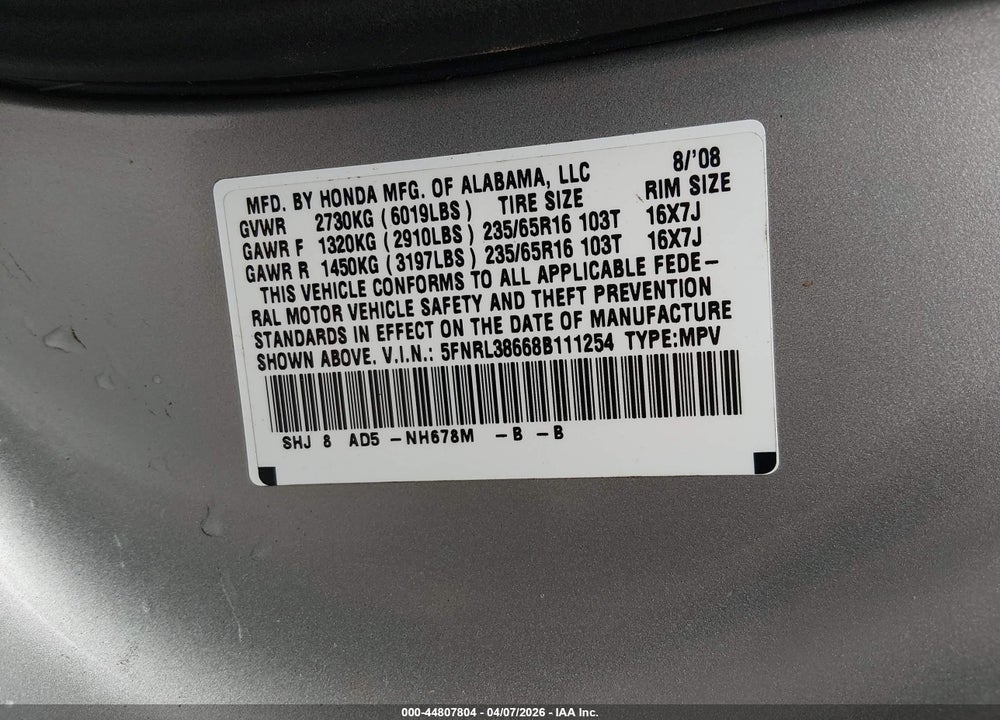 2008 HONDA ODYSSEY EX-L VIN: 5FNRL38668B111254
