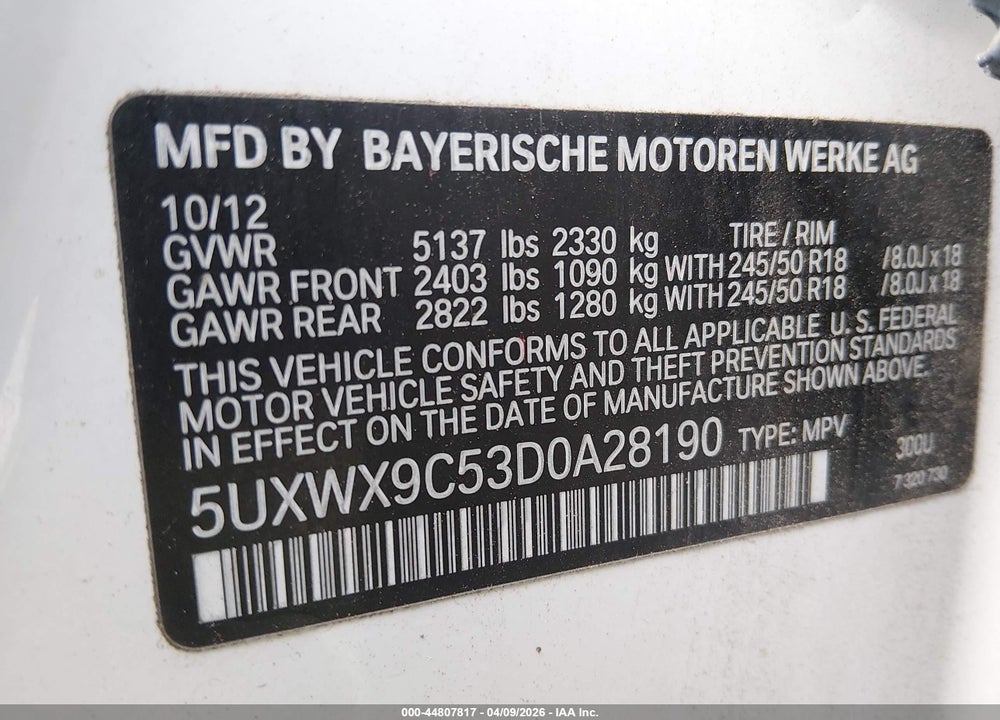 2013 BMW X3 XDRIVE28I VIN: 5UXWX9C53D0A28190