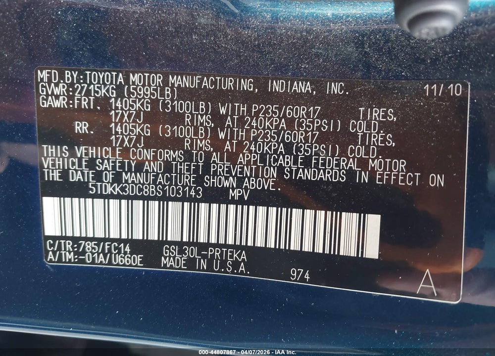 2011 TOYOTA SIENNA LE V6 VIN: 5TDKK3DC8BS103143