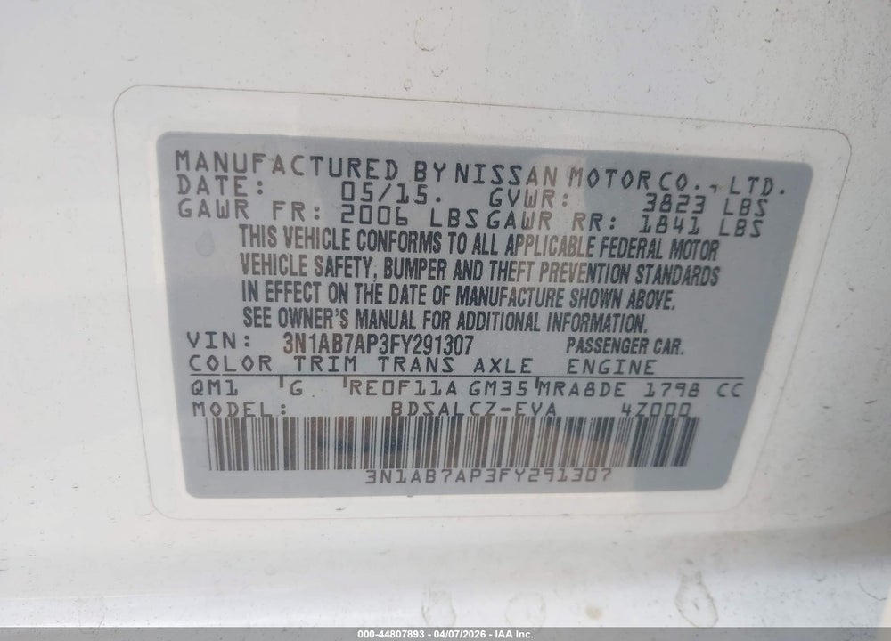 2015 NISSAN SENTRA S VIN: 3N1AB7AP3FY291307