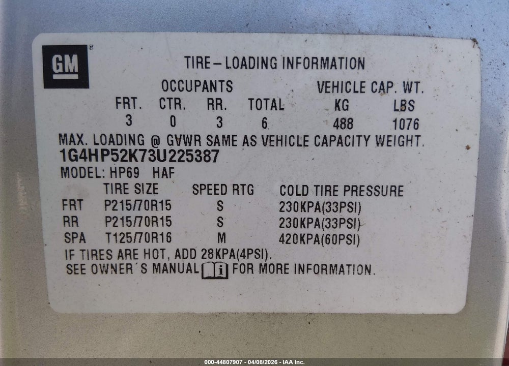 2003 BUICK LESABRE CUSTOM VIN: 1G4HP52K73U225387