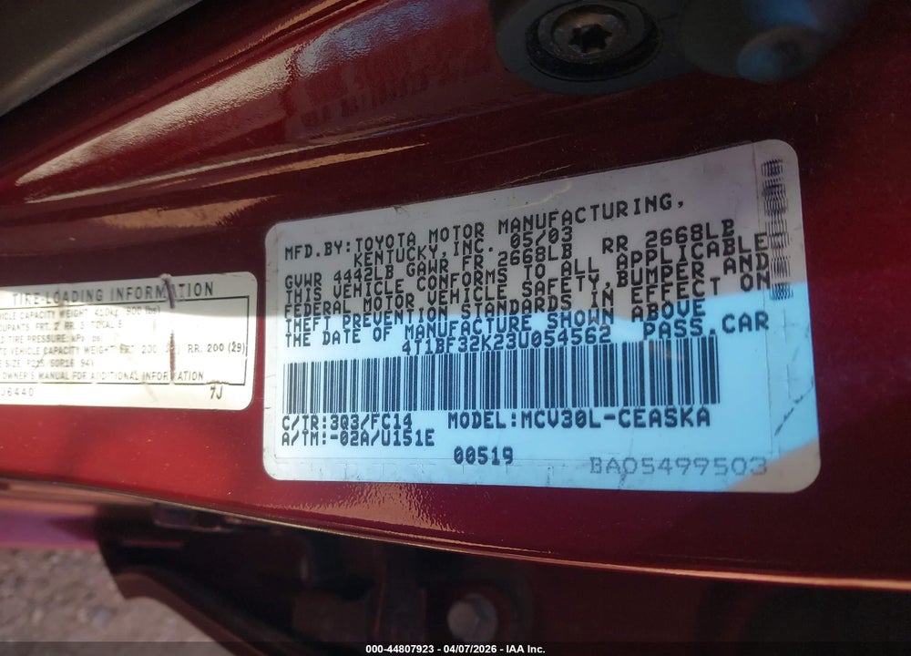 2003 TOYOTA CAMRY SE V6 VIN: 4T1BF32K23U054562