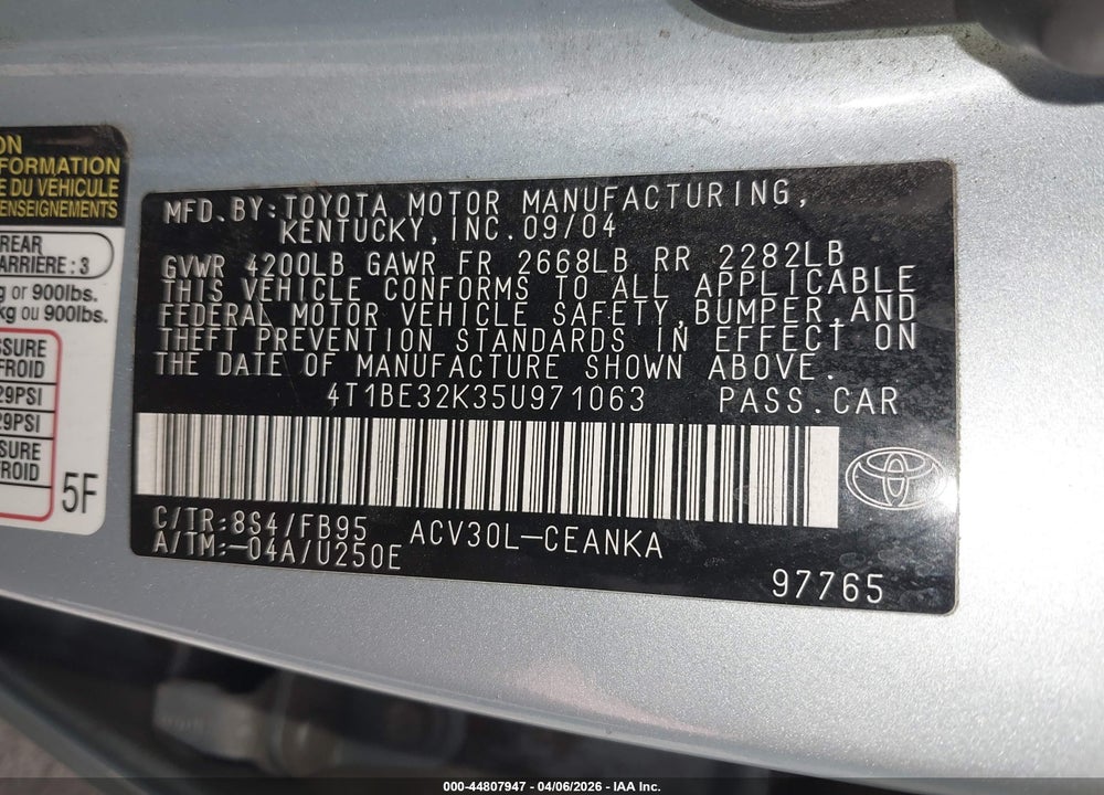 2005 TOYOTA CAMRY LE VIN: 4T1BE32K35U971063