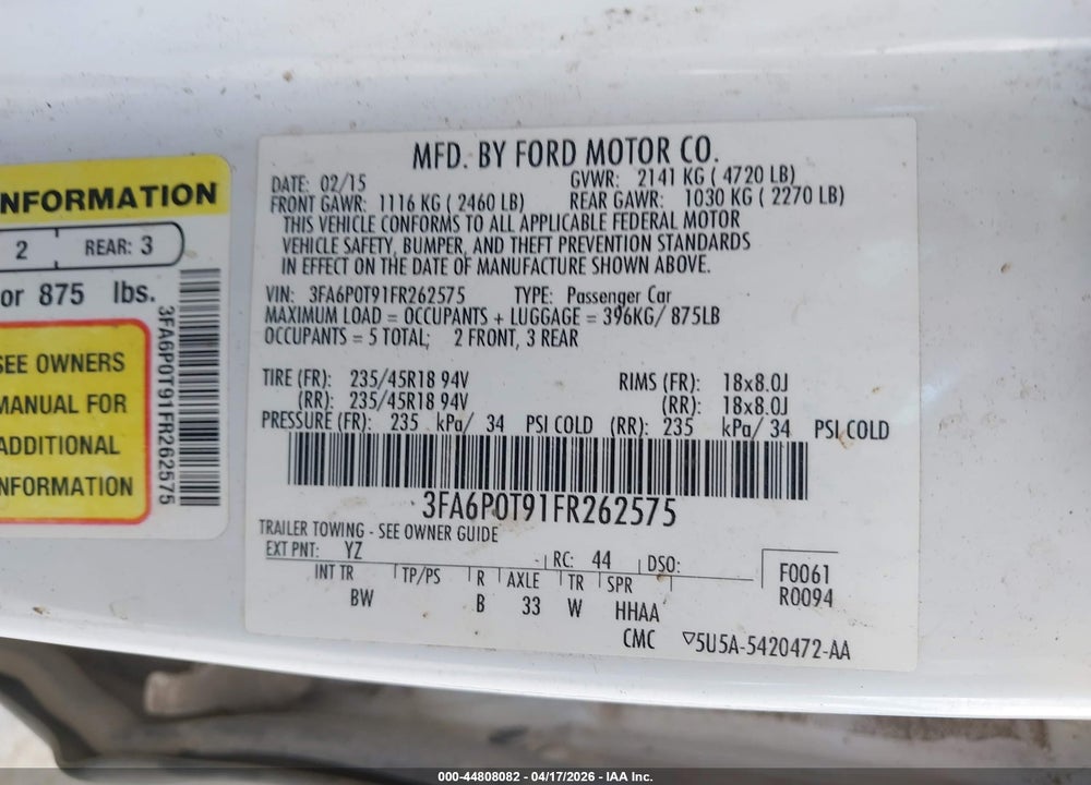 2015 FORD FUSION SE VIN: 3FA6P0T91FR262575