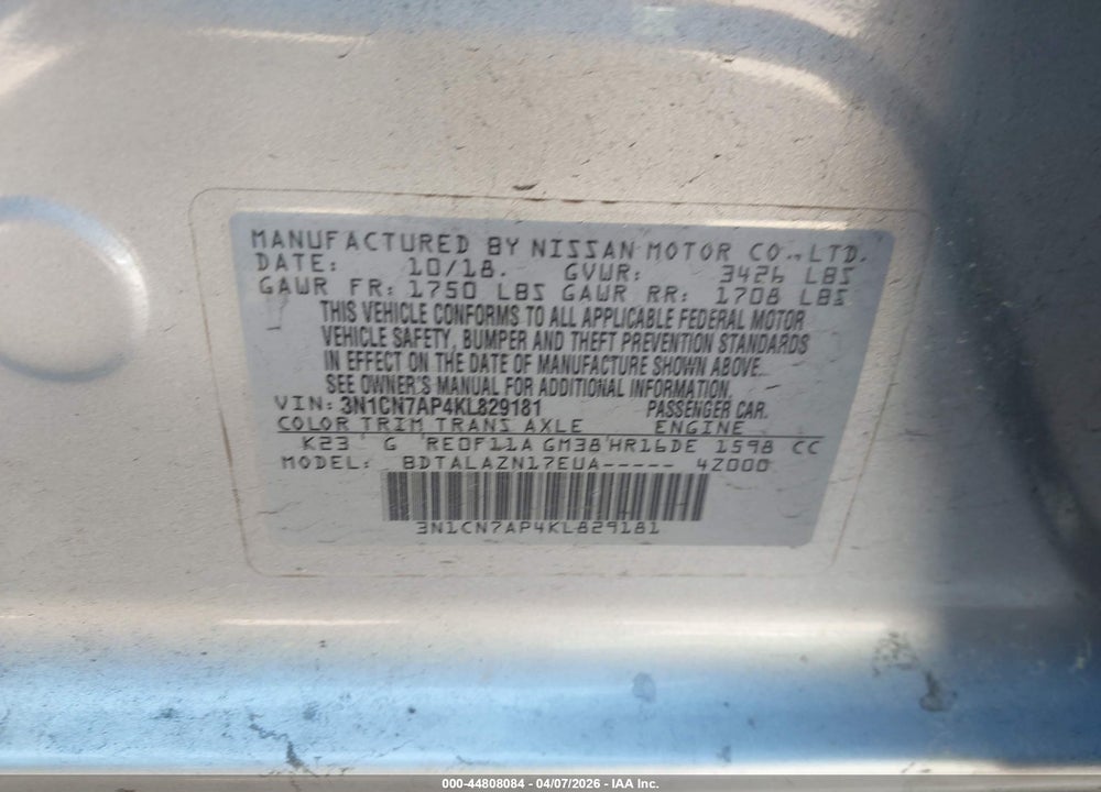 2019 NISSAN VERSA 1.6 S+ VIN: 3N1CN7AP4KL829181