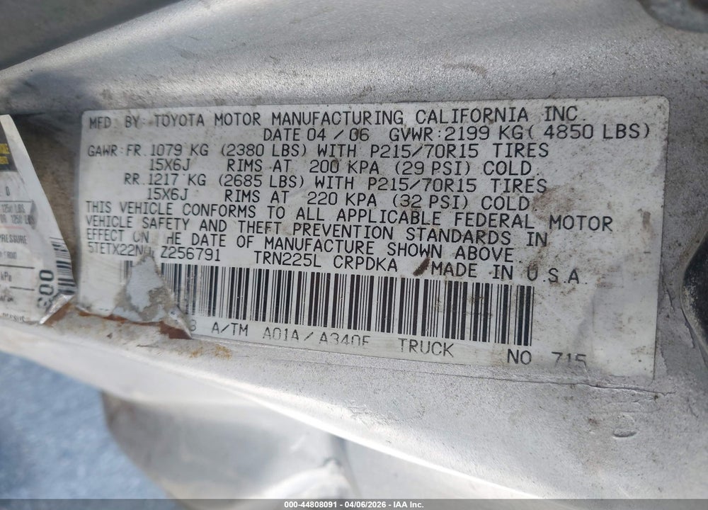 2006 TOYOTA TACOMA VIN: 5TETX22N06Z256791