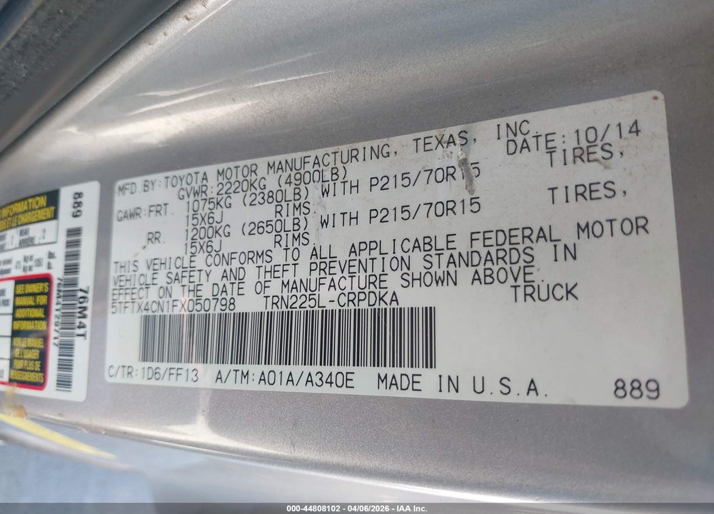 2015 TOYOTA TACOMA VIN: 5TFTX4CN1FX050798