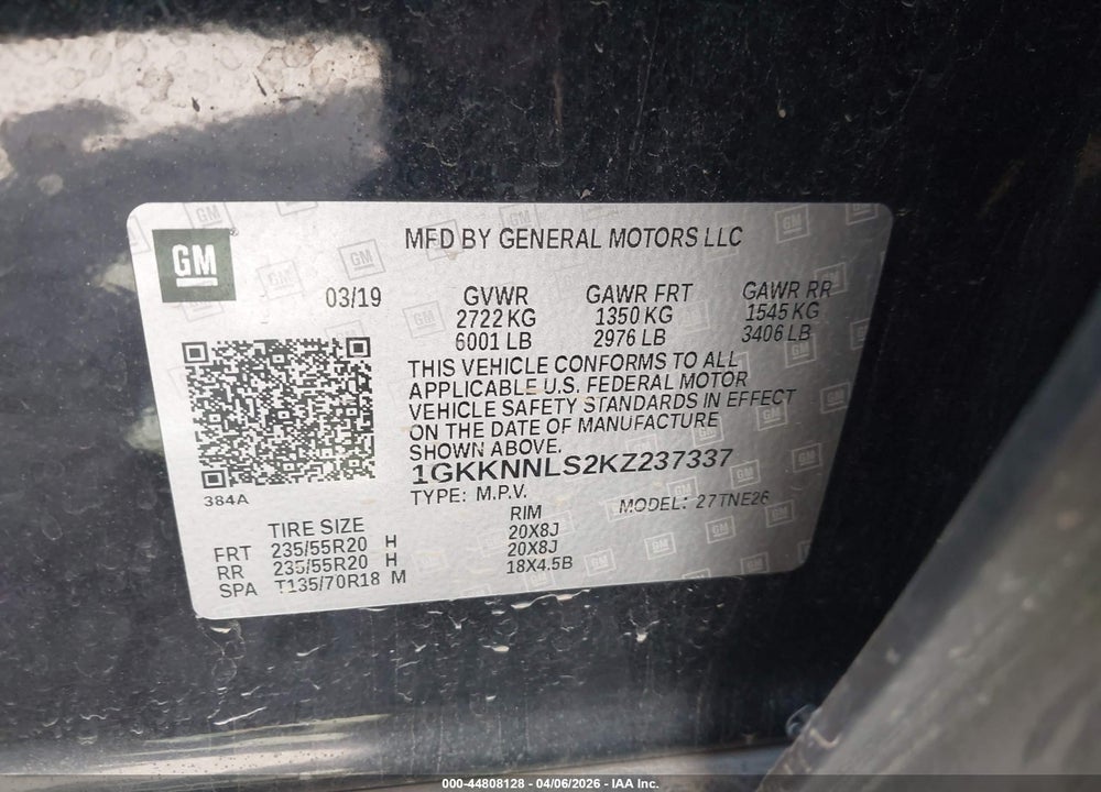 2019 GMC ACADIA SLT-2 VIN: 1GKKNNLS2KZ237337
