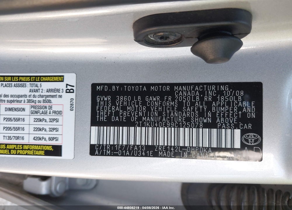 2009 TOYOTA MATRIX VIN: 2T1KU40E99C125078