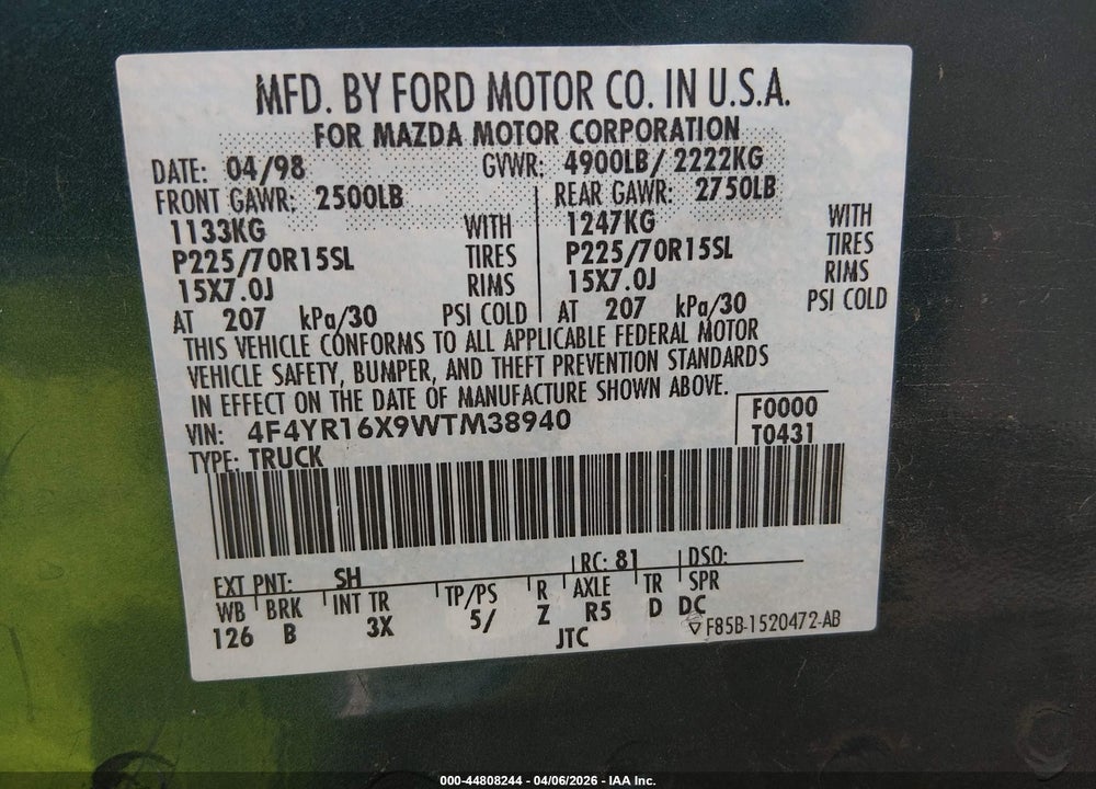1998 MAZDA B4000 SE VIN: 4F4YR16X9WTM38940
