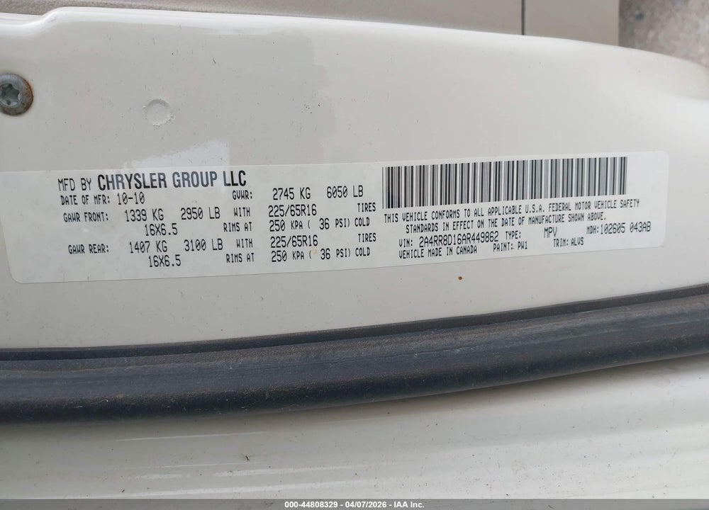 2010 CHRYSLER TOWN & COUNTRY TOURING PLUS VIN: 2A4RR8D16AR449862