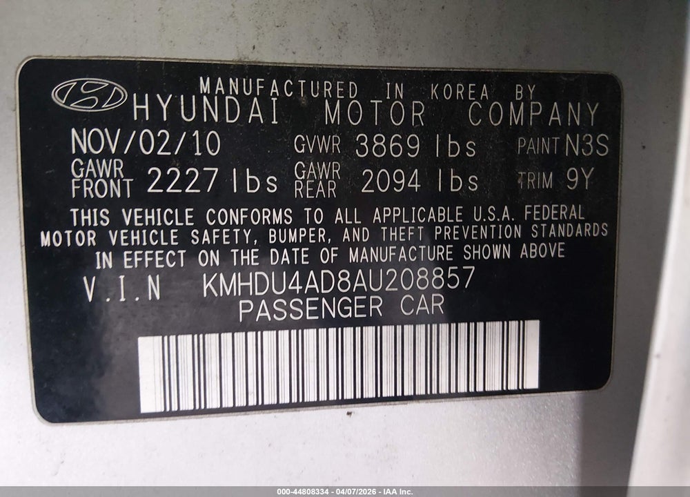 2010 HYUNDAI ELANTRA GLS VIN: KMHDU4AD8AU208857