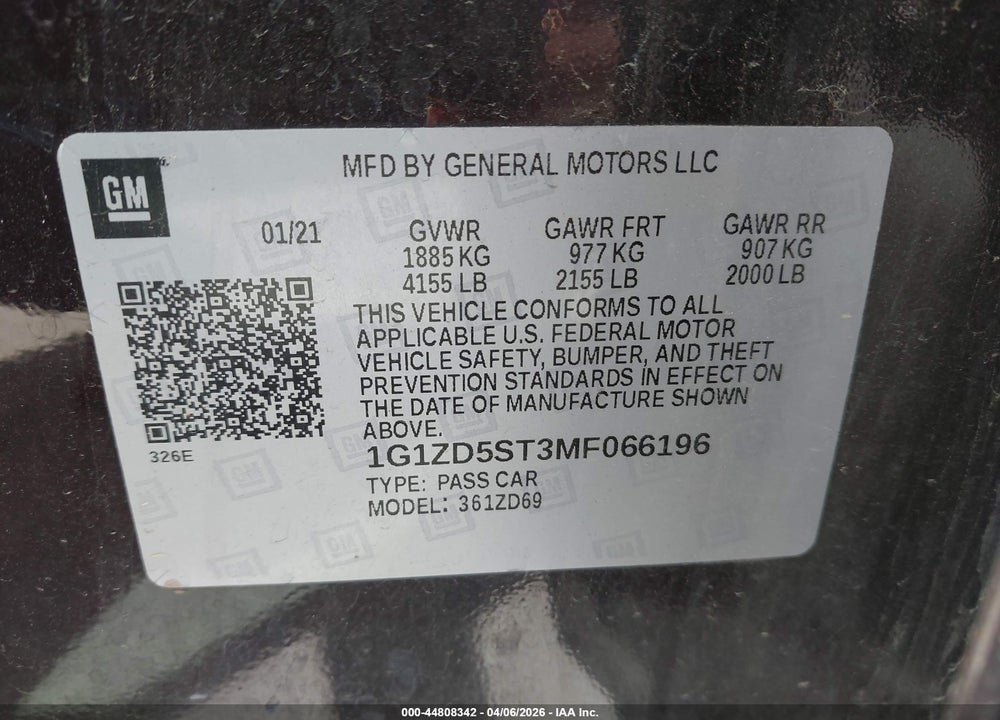 2021 CHEVROLET MALIBU FWD LT VIN: 1G1ZD5ST3MF066196