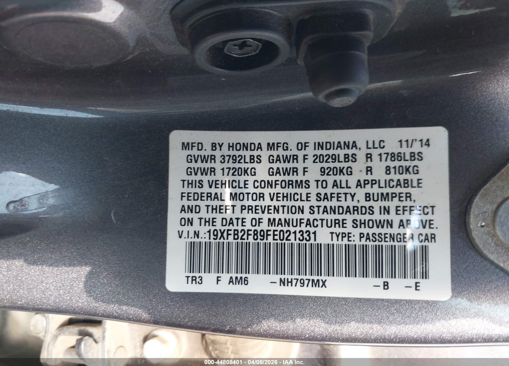 2015 HONDA CIVIC EX VIN: 19XFB2F89FE021331