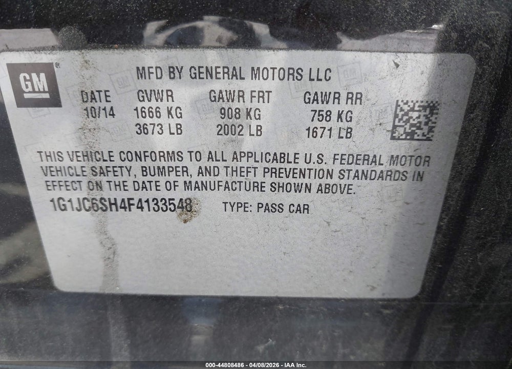 2015 CHEVROLET SONIC LT AUTO VIN: 1G1JC6SH4F4133548