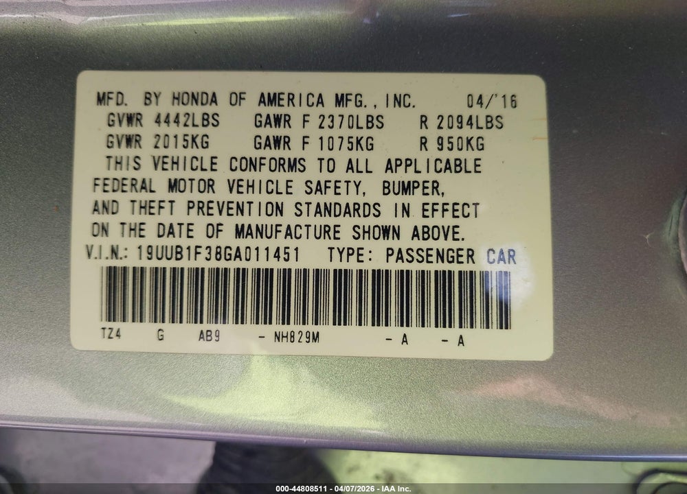 2016 ACURA TLX VIN: 19UUB1F38GA011451