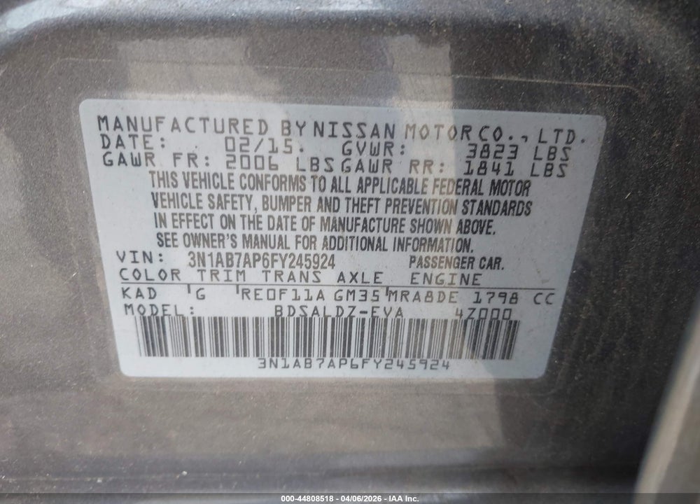 2015 NISSAN SENTRA SV VIN: 3N1AB7AP6FY245924