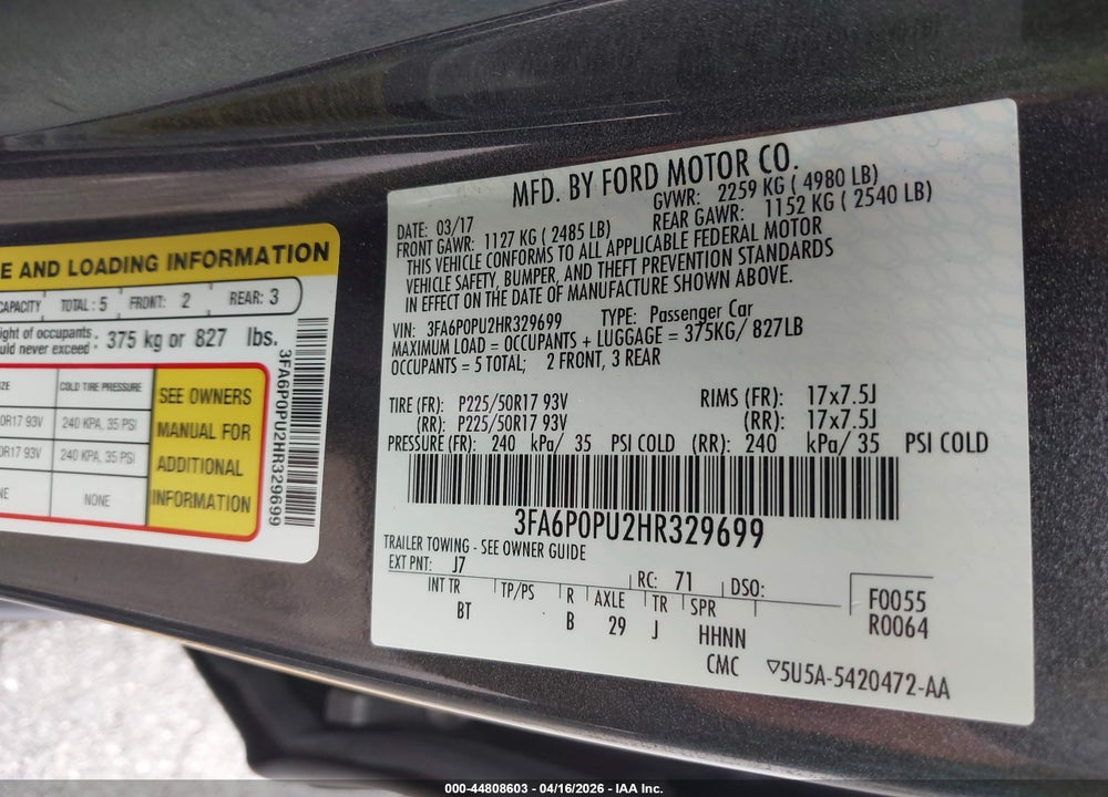 2017 FORD FUSION ENERGI SE LUXURY VIN: 3FA6P0PU2HR329699