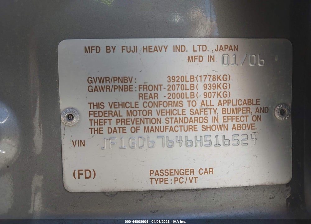 2006 SUBARU IMPREZA 2. VIN: JF1GD67646H516524