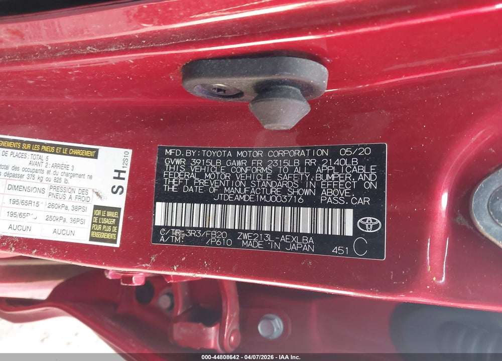 2021 TOYOTA COROLLA HYBRID LE VIN: JTDEAMDE1MJ003716